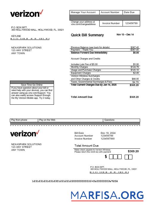 Printable USA Verizon business utility bill template in Word and PDF formats